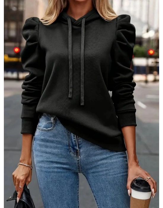 Kadın Uzun Kollu Kapşonlu Bağcıklı Kollarda Büzgü Detaylı Iki Iplik Bluz