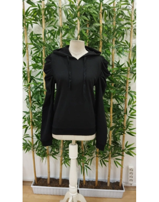 Kadın Uzun Kollu Kapşonlu Bağcıklı Kollarda Büzgü Detaylı Iki Iplik Bluz