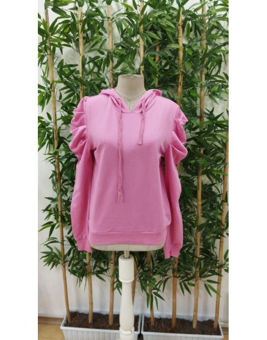 Kadın Uzun Kollu Kapşonlu Bağcıklı Kollarda Büzgü Detaylı Iki Iplik Bluz