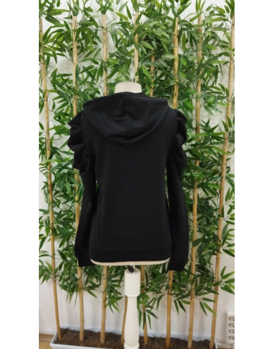 Kadın Uzun Kollu Kapşonlu Bağcıklı Kollarda Büzgü Detaylı Iki Iplik Bluz