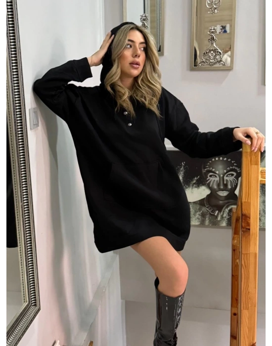 Kadın Uzun Kollu Kapşonlu Bağcıklı önden Düğmeli Ve Cepli Iki Iplik şardonlu Elbise