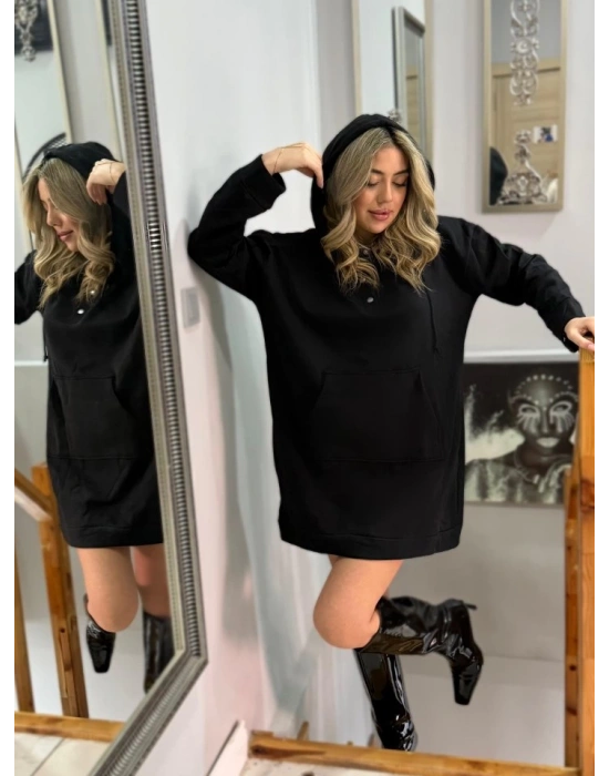 Kadın Uzun Kollu Kapşonlu Bağcıklı önden Düğmeli Ve Cepli Iki Iplik şardonlu Elbise