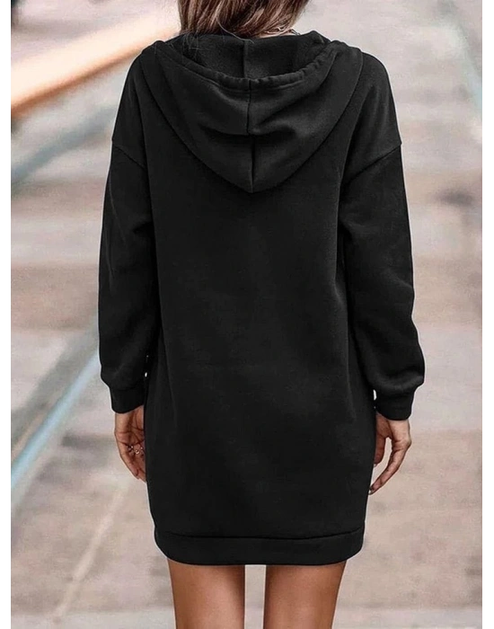 Kadın Uzun Kollu Kapşonlu Bağcıklı önden Düğmeli Ve Cepli Iki Iplik şardonlu Elbise