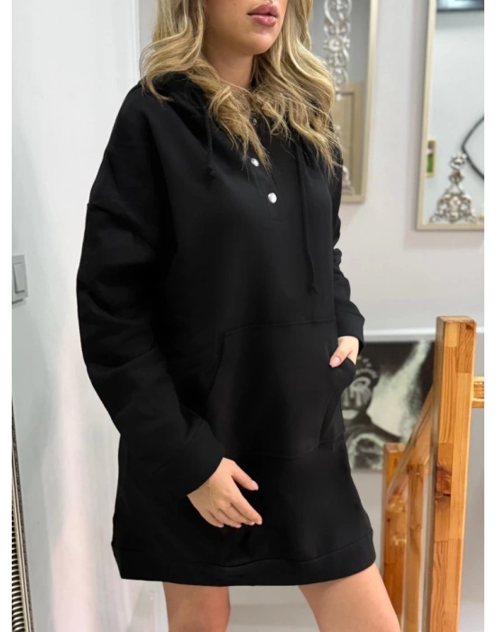 Kadın Uzun Kollu Kapşonlu Bağcıklı önden Düğmeli Ve Cepli Iki Iplik şardonlu Elbise