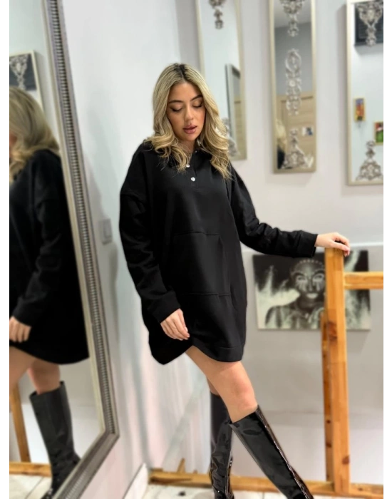 Kadın Uzun Kollu Kapşonlu Bağcıklı önden Düğmeli Ve Cepli Iki Iplik şardonlu Elbise