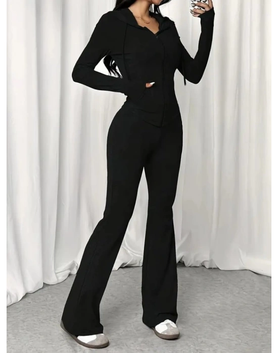 Kadın Uzun Kollu Kapşonlu Bağcıklı önü Fermuarlı Viskon Iki Iplik Bluz Ve Pantolon Ikili Takım