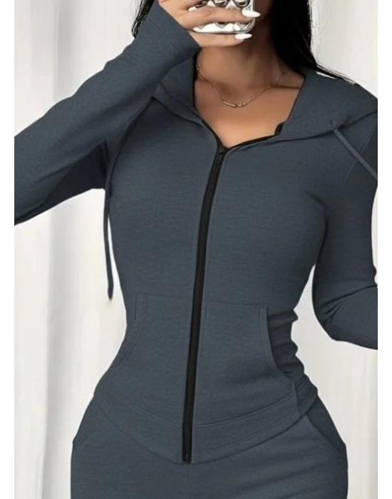 Kadın Uzun Kollu Kapşonlu Bağcıklı önü Fermuarlı Viskon Iki Iplik Bluz Ve Pantolon Ikili Takım