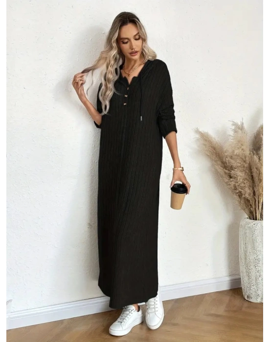 Kadın Uzun Kollu Kapşonlu Bağcıklı şardonlu Kaşkorse Uzun Elbise