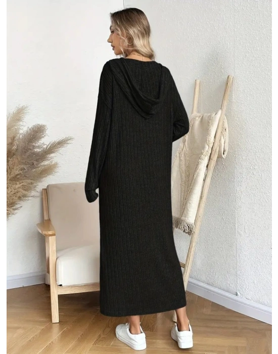 Kadın Uzun Kollu Kapşonlu Bağcıklı şardonlu Kaşkorse Uzun Elbise