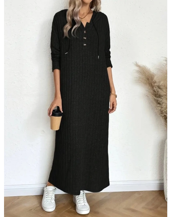 Kadın Uzun Kollu Kapşonlu Bağcıklı şardonlu Kaşkorse Uzun Elbise