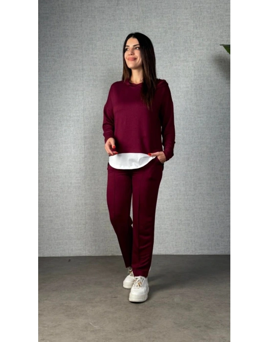 Kadın Uzun Kollu Kapşonlu Bağcıklı Viskon Iki Iplik Bluz Ve Pantolon Ikili Takım