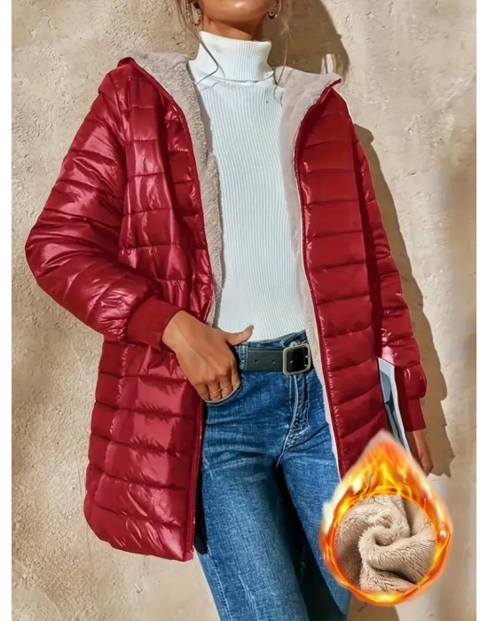 Kadın Uzun Kollu Kapşonlu Cep Detaylı Fermuarlı Orta Boy Mont