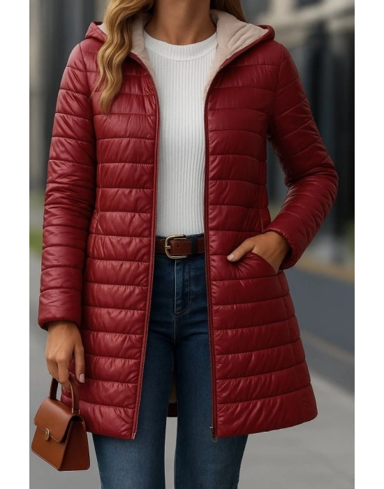 Kadın Uzun Kollu Kapşonlu Cep Detaylı Fermuarlı Orta Boy Mont