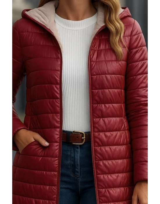 Kadın Uzun Kollu Kapşonlu Cep Detaylı Fermuarlı Orta Boy Mont