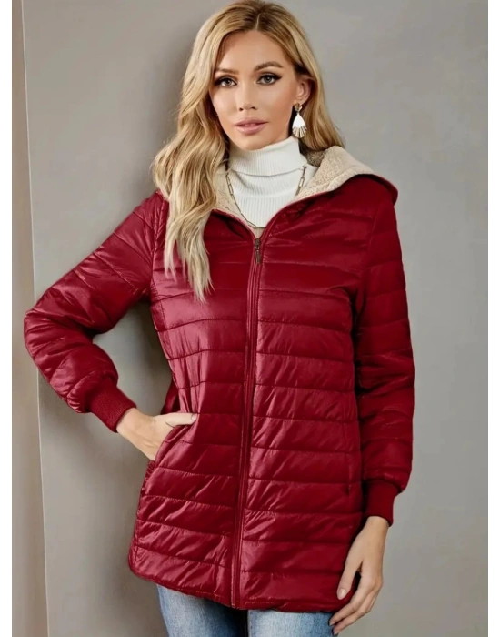 Kadın Uzun Kollu Kapşonlu Cep Detaylı Fermuarlı Orta Boy Mont