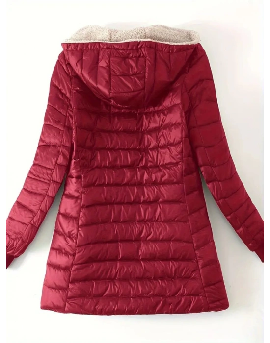 Kadın Uzun Kollu Kapşonlu Cep Detaylı Fermuarlı Orta Boy Mont