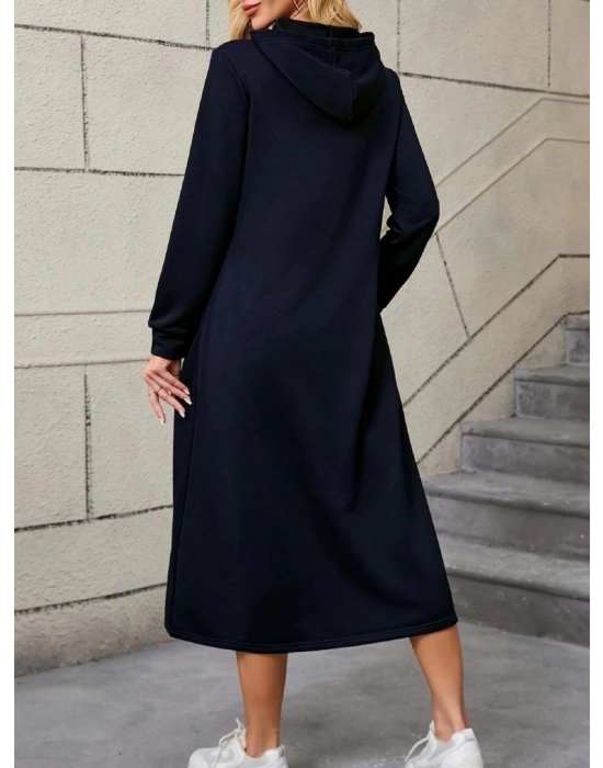 Kadın Uzun Kollu Kapşonlu Cep Detaylı Viskon Iki Iplik Maxi Elbise