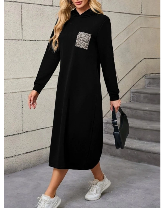 Kadın Uzun Kollu Kapşonlu Cep Detaylı Viskon Iki Iplik Maxi Elbise