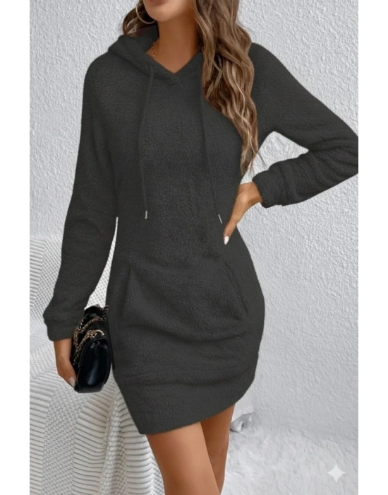 Kadın Uzun Kollu Kapşonlu Cepli Mini Peluş Elbise