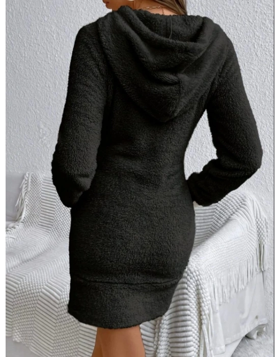 Kadın Uzun Kollu Kapşonlu Cepli Mini Peluş Elbise