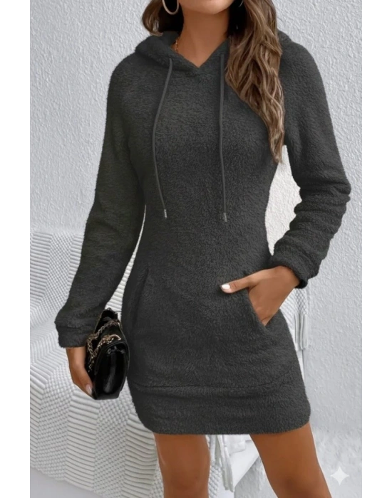 Kadın Uzun Kollu Kapşonlu Cepli Mini Peluş Elbise