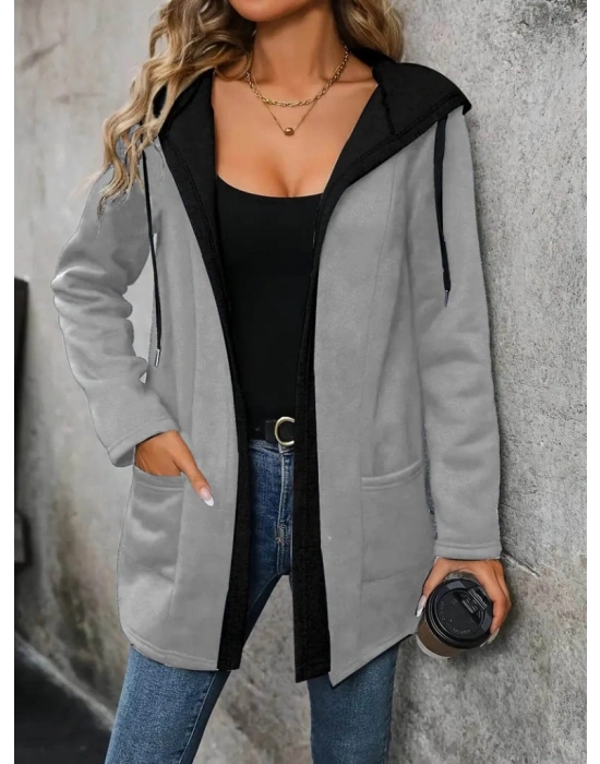 Kadın Uzun Kollu Kapşonlu çift Renkli şardonlu Iki Iplik Ceket