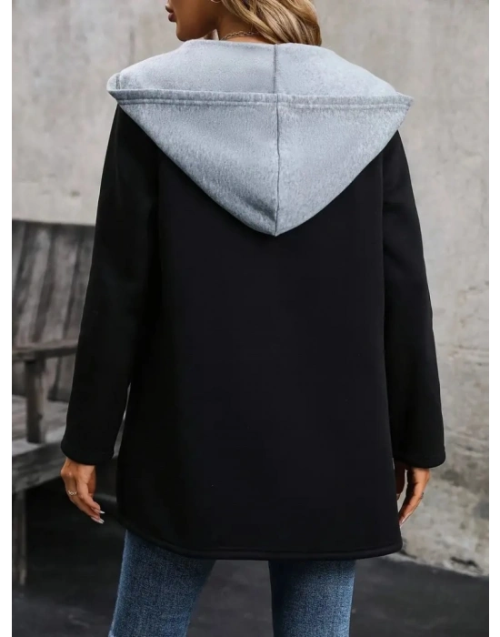 Kadın Uzun Kollu Kapşonlu çift Renkli şardonlu Iki Iplik Ceket