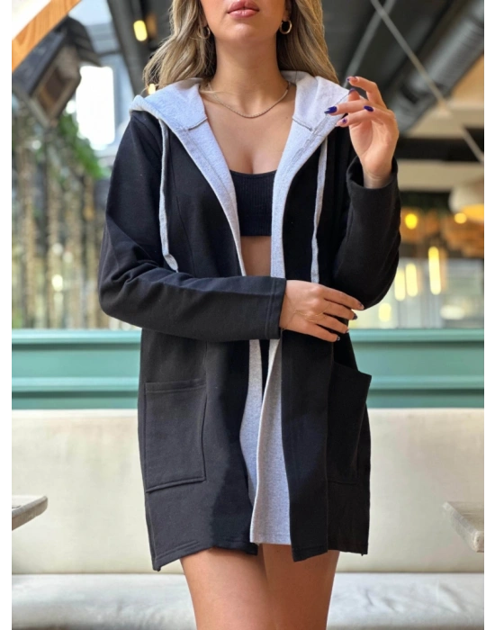 Kadın Uzun Kollu Kapşonlu çift Renkli şardonlu Iki Iplik Ceket