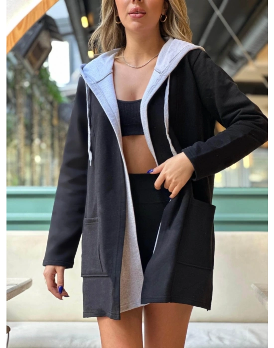 Kadın Uzun Kollu Kapşonlu çift Renkli şardonlu Iki Iplik Ceket