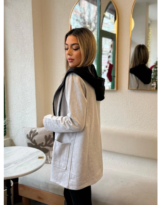 Kadın Uzun Kollu Kapşonlu çift Renkli şardonlu Iki Iplik Ceket