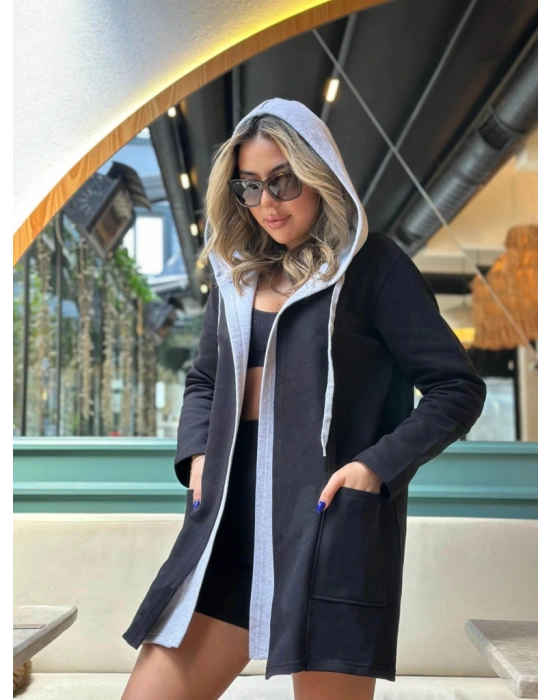 Kadın Uzun Kollu Kapşonlu çift Renkli şardonlu Iki Iplik Ceket