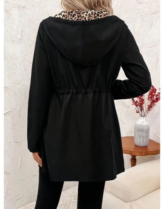 Kadın Uzun Kollu Kapşonlu çift Taraflı Cepli Bağcıklı Fermuarlı Viskon Iki Iplik Ceket