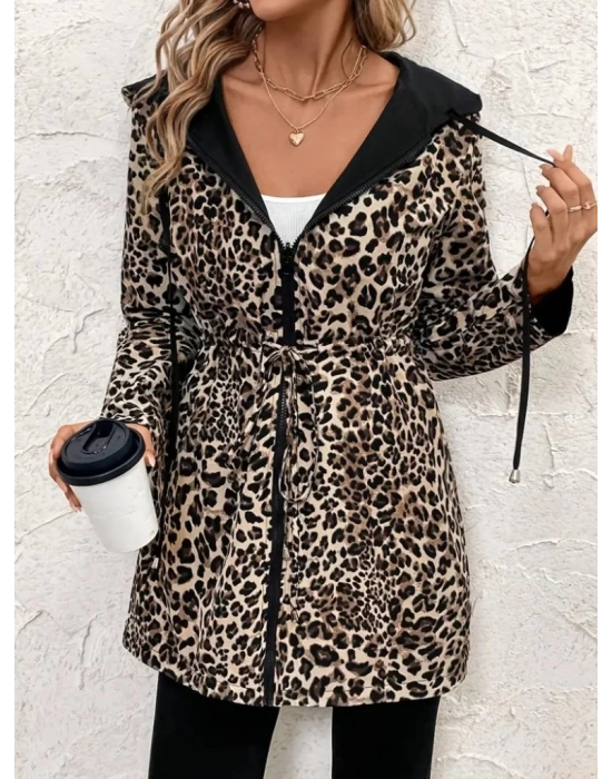 Kadın Uzun Kollu Kapşonlu çift Taraflı Cepli Bağcıklı Fermuarlı Viskon Iki Iplik Ceket