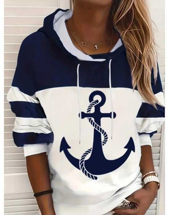 Kadın Uzun Kollu Kapşonlu çıpa Desenli şardonlu Dalgıç Bluz