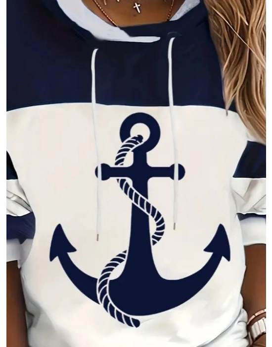 Kadın Uzun Kollu Kapşonlu çıpa Desenli şardonlu Dalgıç Bluz