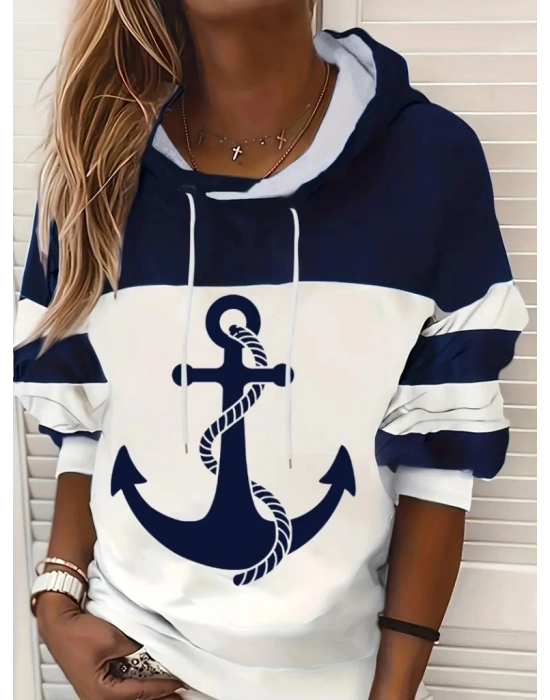 Kadın Uzun Kollu Kapşonlu çıpa Desenli şardonlu Dalgıç Bluz