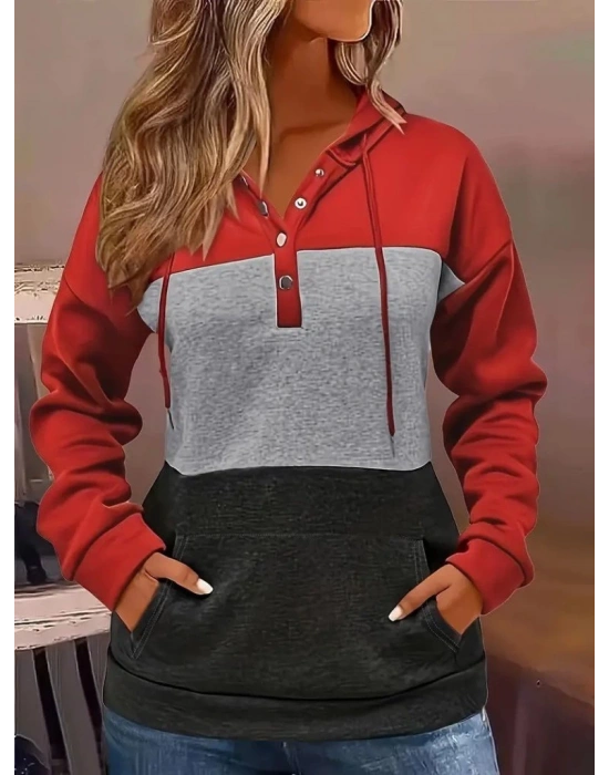 Kadın Uzun Kollu Kapşonlu çok Renkli Iki Iplik Bluz