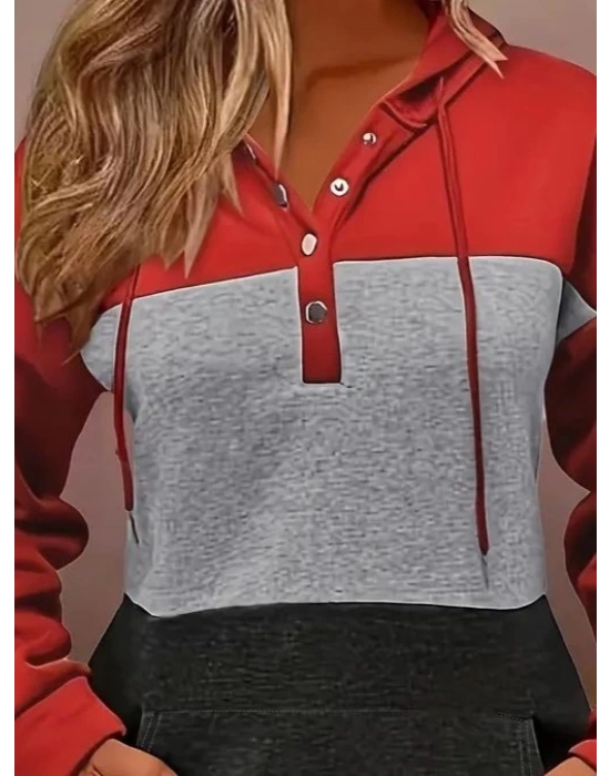 Kadın Uzun Kollu Kapşonlu çok Renkli Iki Iplik Bluz