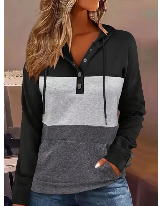 Kadın Uzun Kollu Kapşonlu çok Renkli Iki Iplik Bluz