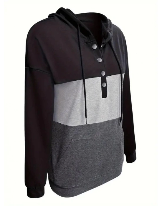 Kadın Uzun Kollu Kapşonlu çok Renkli Iki Iplik Bluz