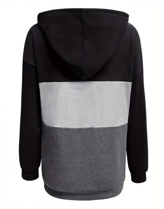 Kadın Uzun Kollu Kapşonlu çok Renkli Iki Iplik Bluz