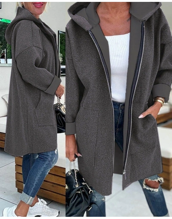 Kadın Uzun Kollu Kapşonlu Fermuar Detaylı Cepli Uzun üç Iplik Ceket