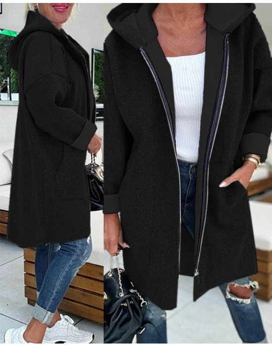 Kadın Uzun Kollu Kapşonlu Fermuar Detaylı Cepli Uzun üç Iplik Ceket