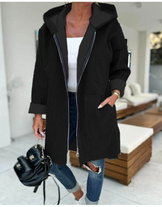 Kadın Uzun Kollu Kapşonlu Fermuar Detaylı Cepli Uzun üç Iplik Ceket