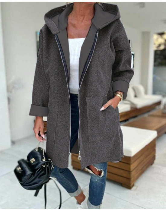 Kadın Uzun Kollu Kapşonlu Fermuar Detaylı Cepli Uzun üç Iplik Ceket