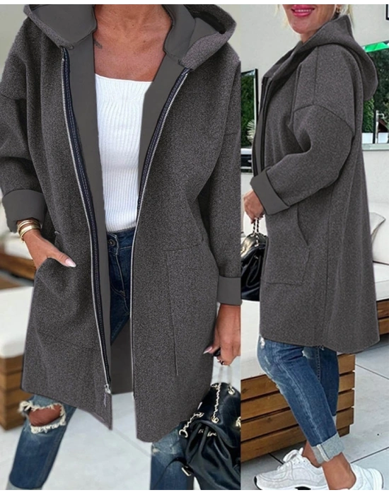 Kadın Uzun Kollu Kapşonlu Fermuar Detaylı Cepli Uzun üç Iplik Ceket