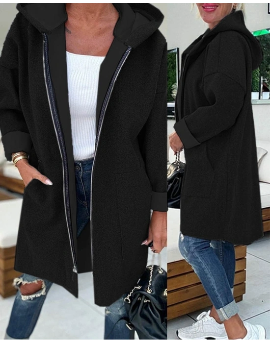 Kadın Uzun Kollu Kapşonlu Fermuar Detaylı Cepli Uzun üç Iplik Ceket