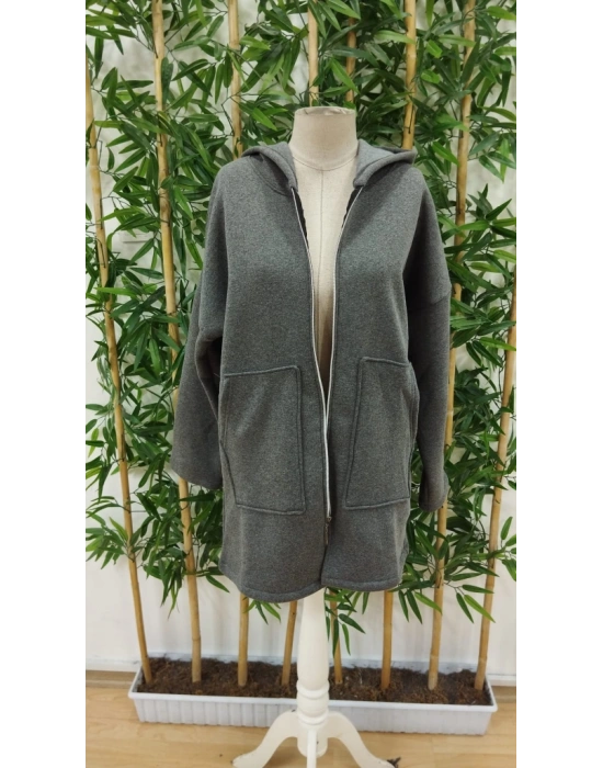 Kadın Uzun Kollu Kapşonlu Fermuar Detaylı Cepli Uzun üç Iplik Ceket