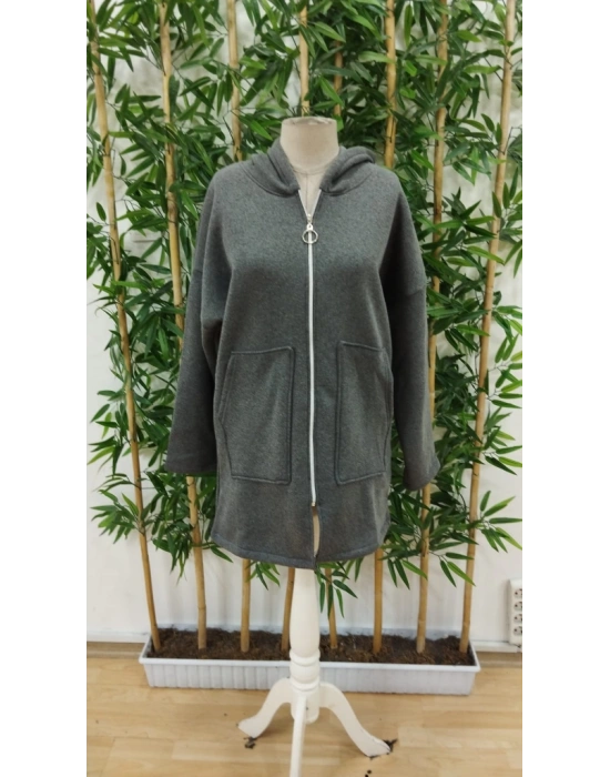 Kadın Uzun Kollu Kapşonlu Fermuar Detaylı Cepli Uzun üç Iplik Ceket