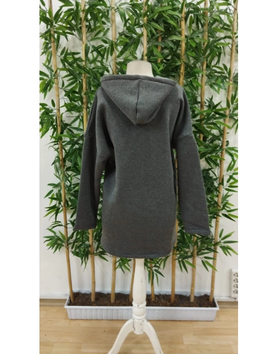 Kadın Uzun Kollu Kapşonlu Fermuar Detaylı Cepli Uzun üç Iplik Ceket